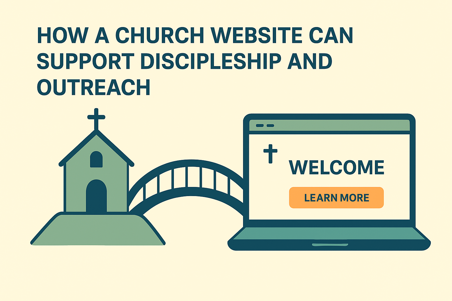Stylized illustration of a church connected to a laptop screen with “WELCOME”—symbolizing digital discipleship and outreach
