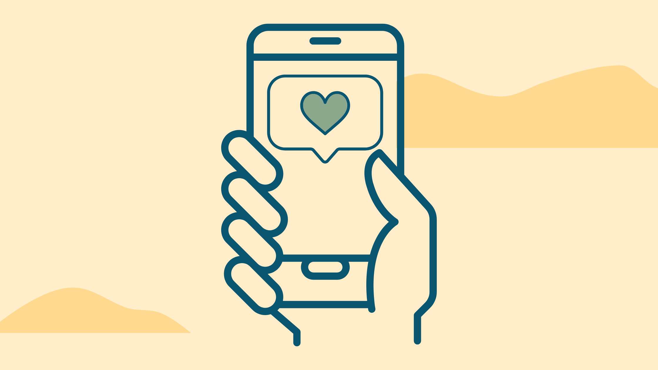 Graphic showing a hand holding a phone with a dialog box with heart on screen symbolizing likes and online engagement. Beige and yellow background.