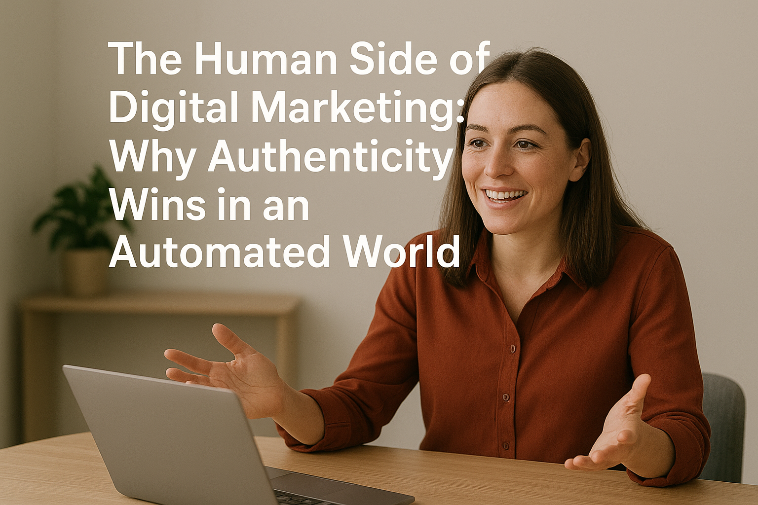 A woman with long dark hair sits at a desk in a warmly lit office, smiling and gesturing with open hands during a video call or presentation. A silver laptop is open in front of her, and a potted plant sits on a shelf in the background.
