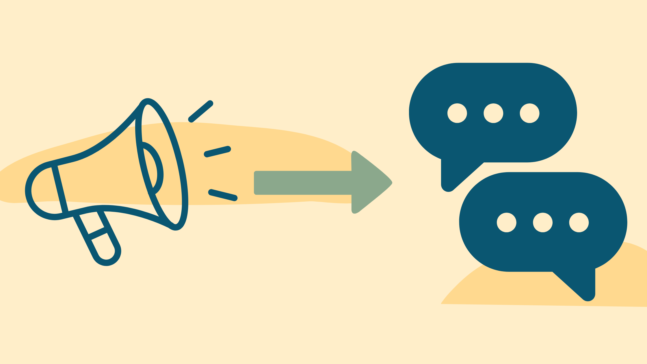 Graphic showing a megaphone, arrow, and speech bubbles symbolizing the shift from broadcasting to dialogue. Beige and yellow background.