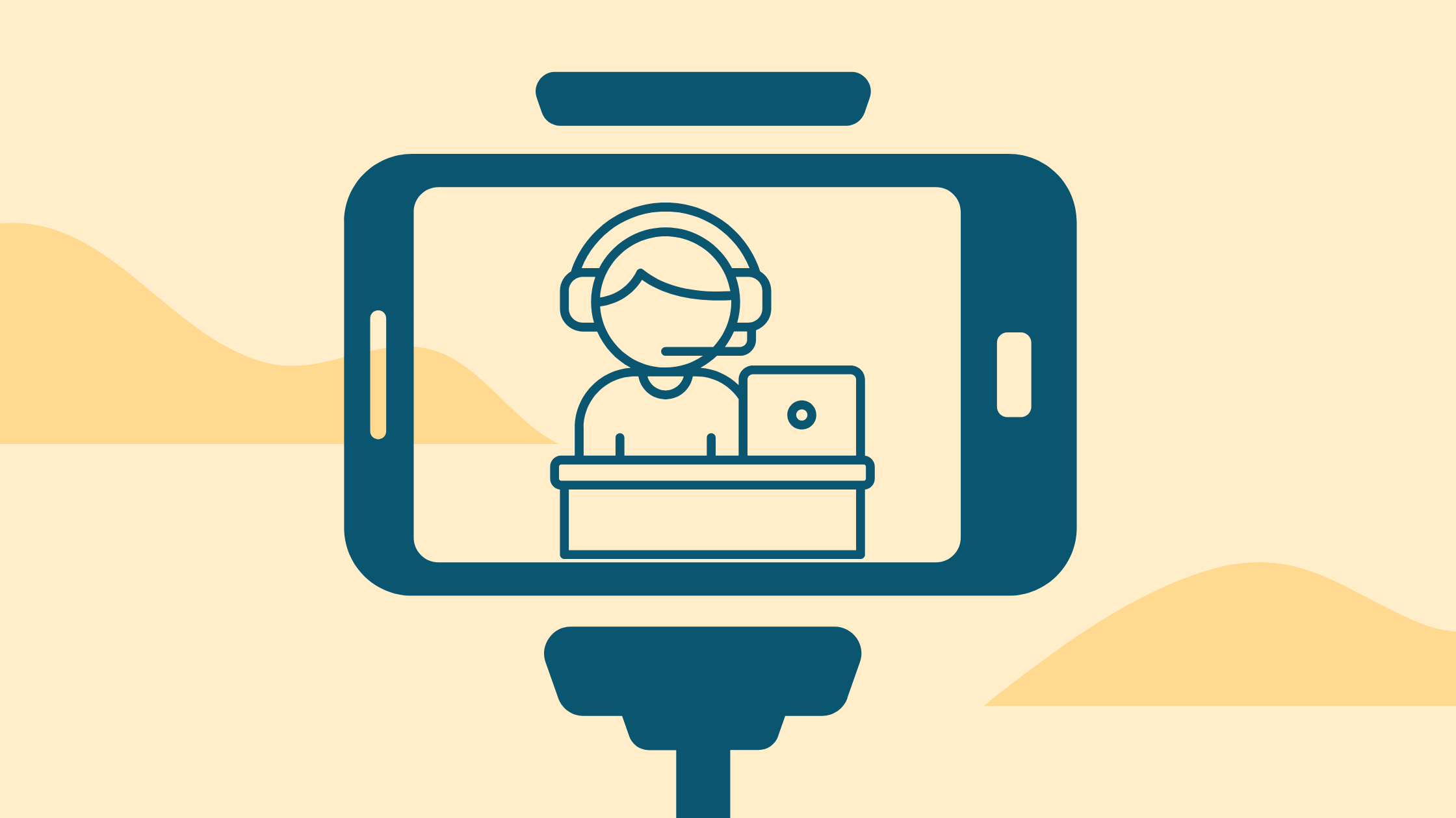 Graphic showing a large phone on stand with broadcaster behind desk and laptop symbolizing non-studio quality video. Beige and yellow background.