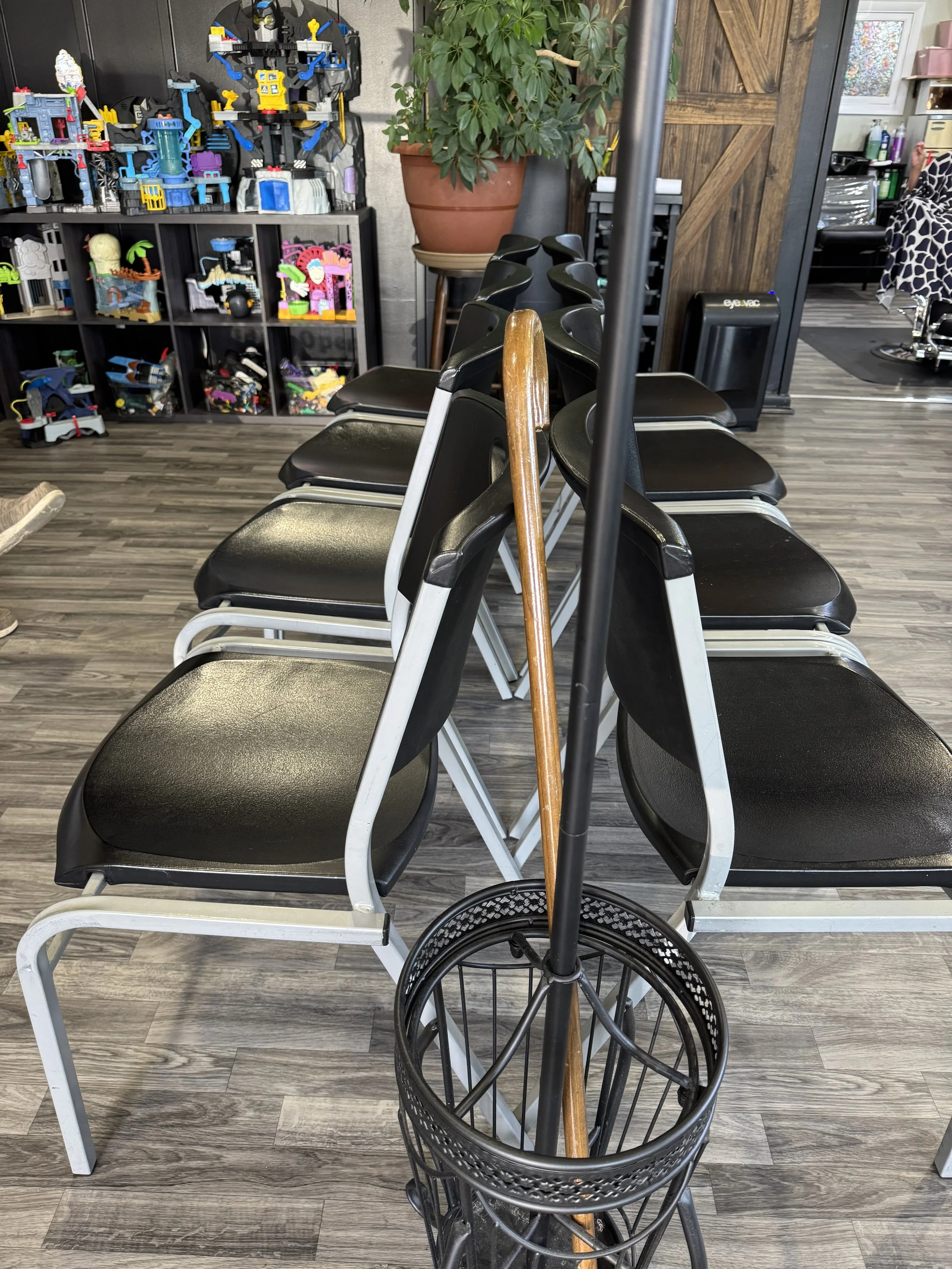 Interior of a hair salon with black chairs, a large potted plant, a wooden door, a shelf with toy building sets, and a hair washing station.
