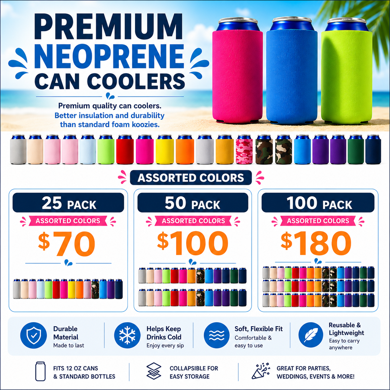 Premium Neoprene Can Coolers | Assorted Colors | Customizable Koozies
