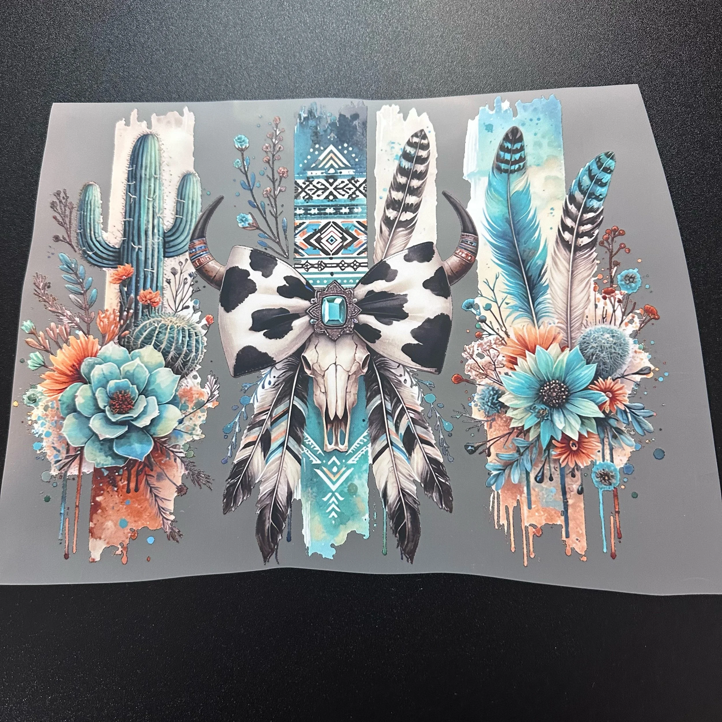 Western Cow Skull, Cactus, Floral, and Feathers