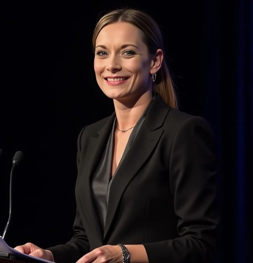 Tabitha Cruz standing at a podium, smiling, wearing a black blazer and a necklace, against a dark background.
