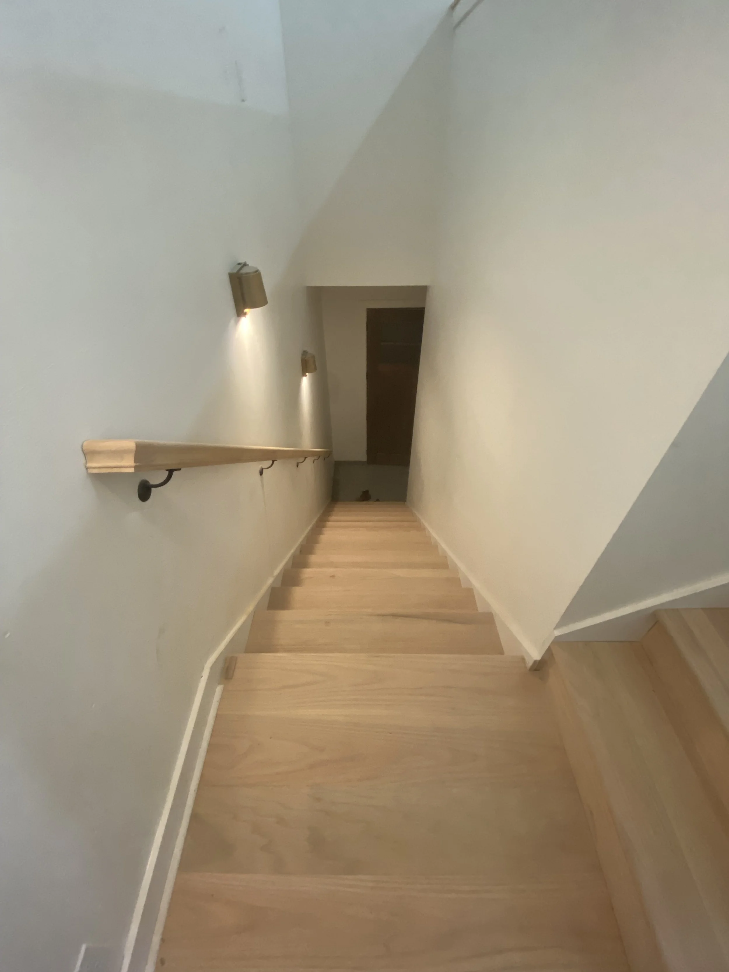 A downward view of a wooden staircase with a handrail on the left side, beige walls, two wall-mounted lights, and a closed door at the bottom of the stairs.
