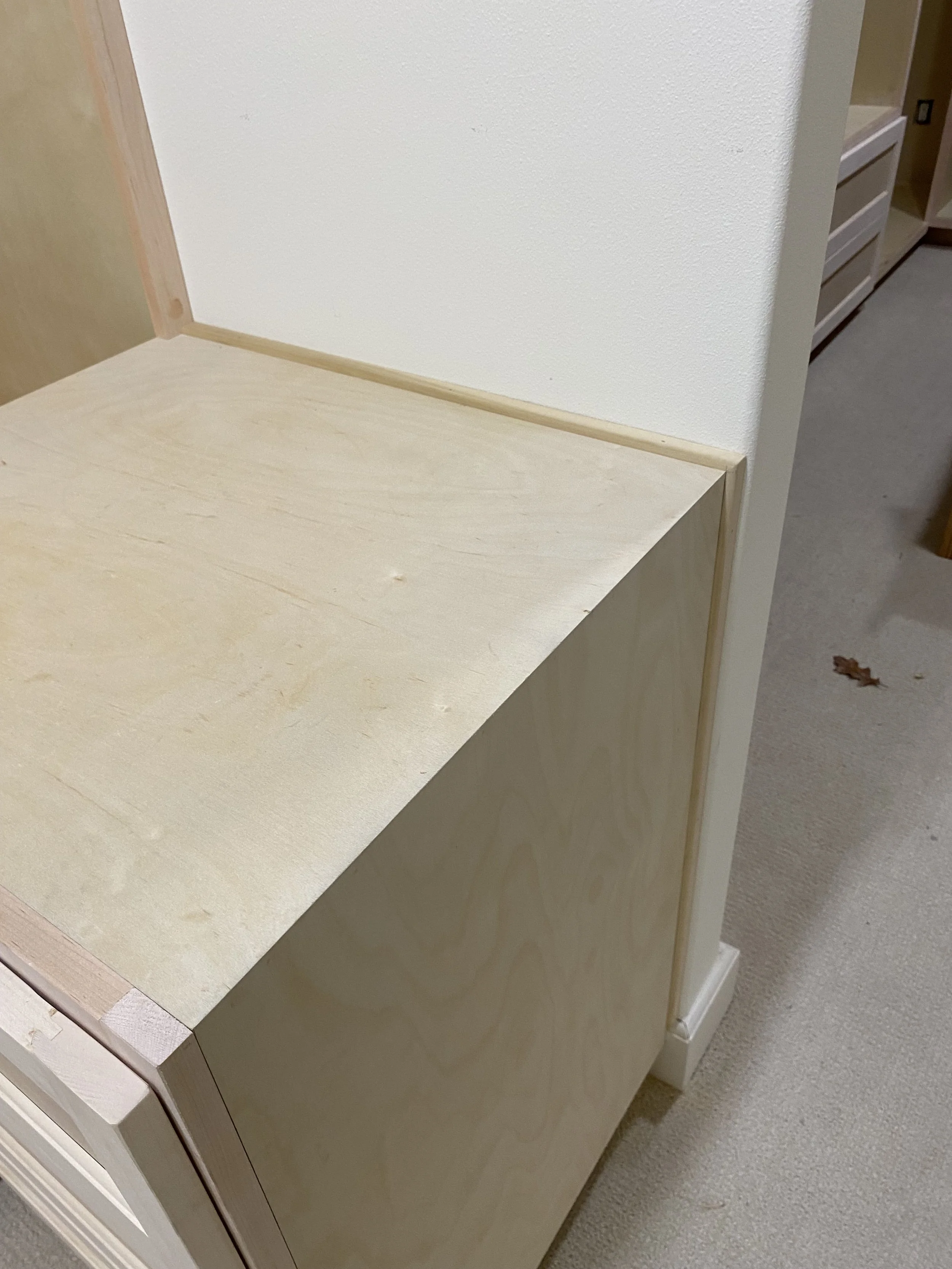 Corner of a light wood cabinet next to a white wall in a room with beige carpeting and a small brown leaf on the carpet.