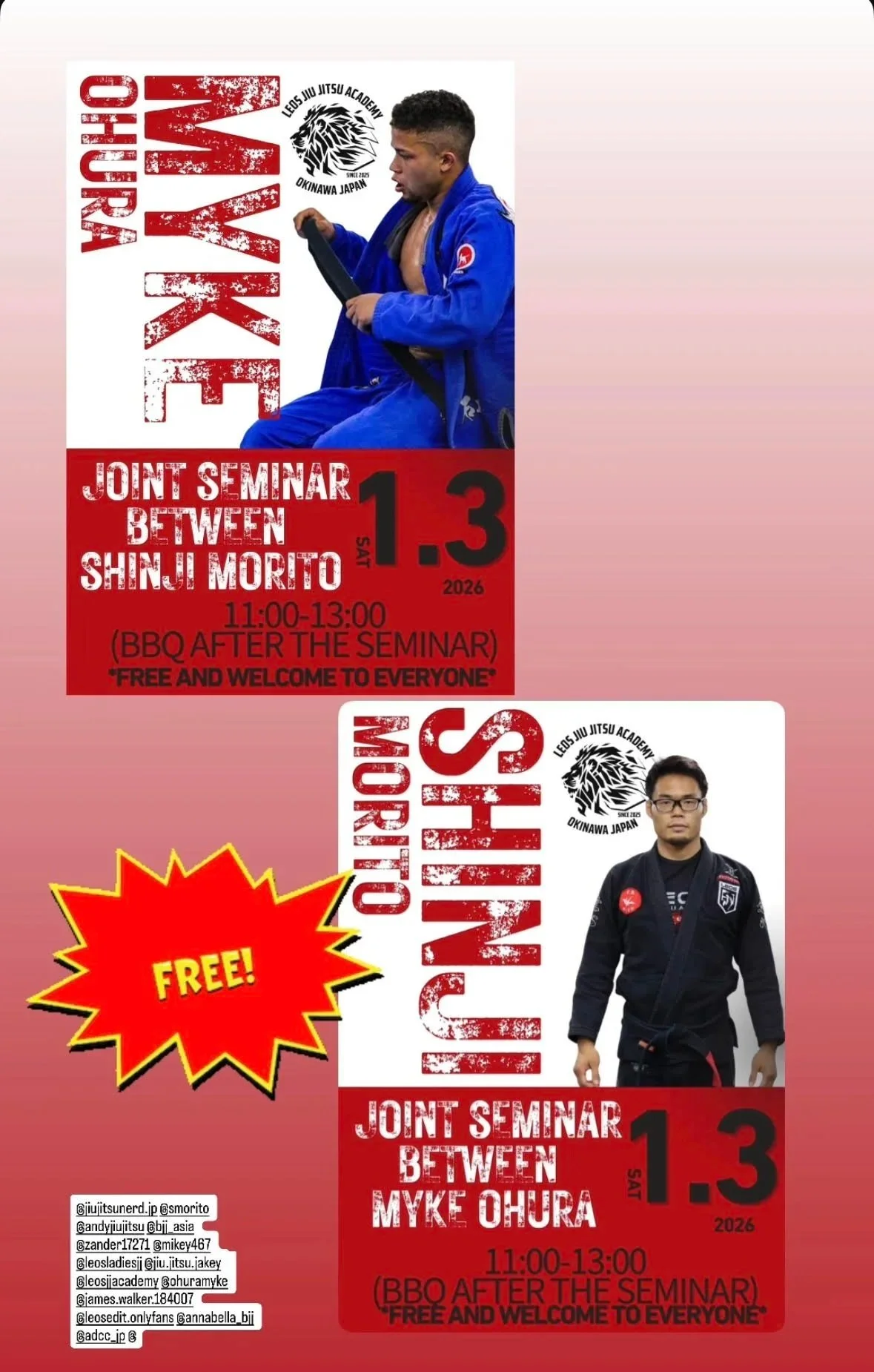 free Seminar at LEOS Jiu Jitsu Academy with Myke Ohura &amp; Shinji Morito on January 3