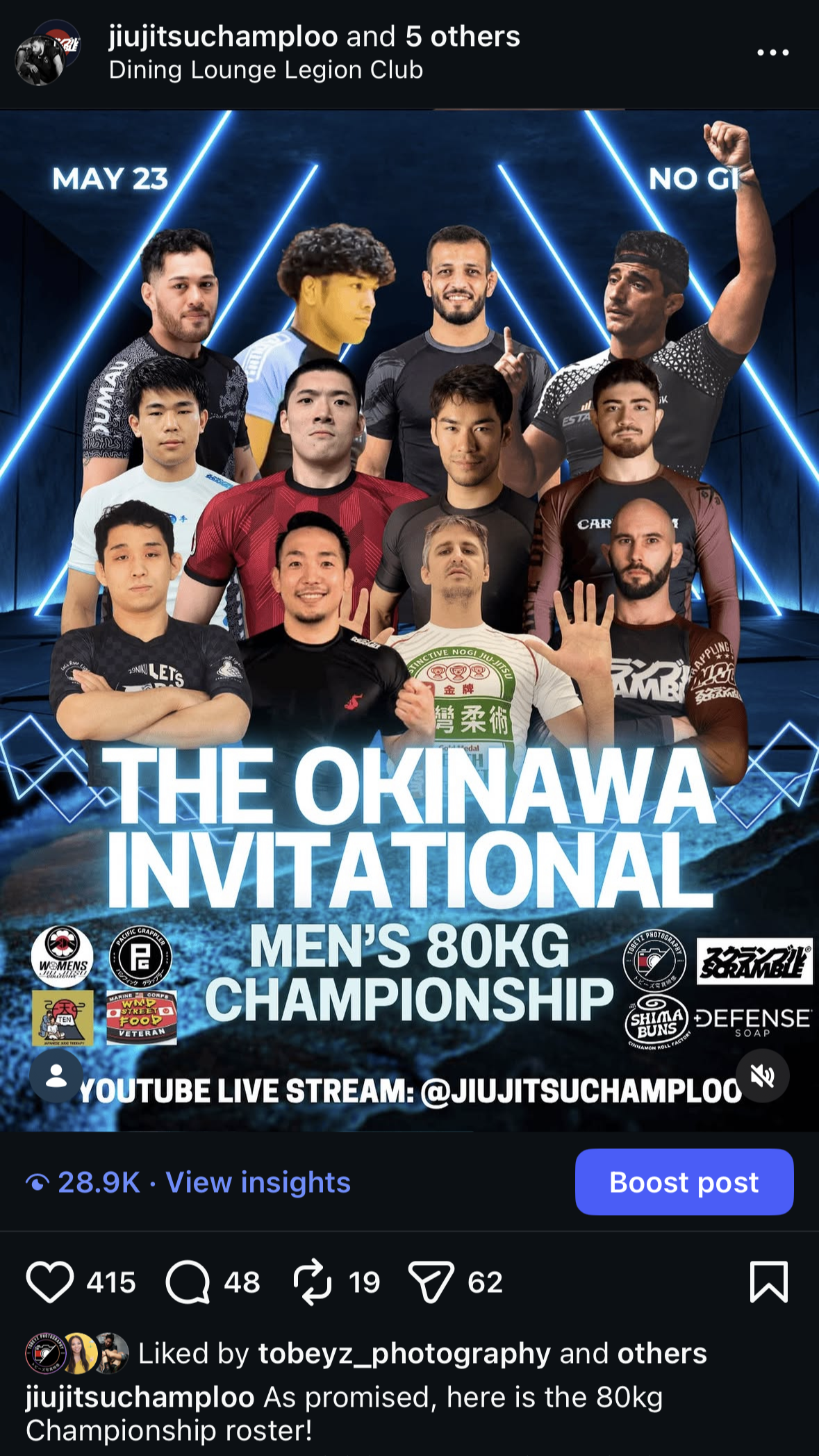 Poster for the Okinawa Invitational Men's 80kg Jiu-Jitsu Championship featuring photos of multiple male competitors with event details and sponsor logos.