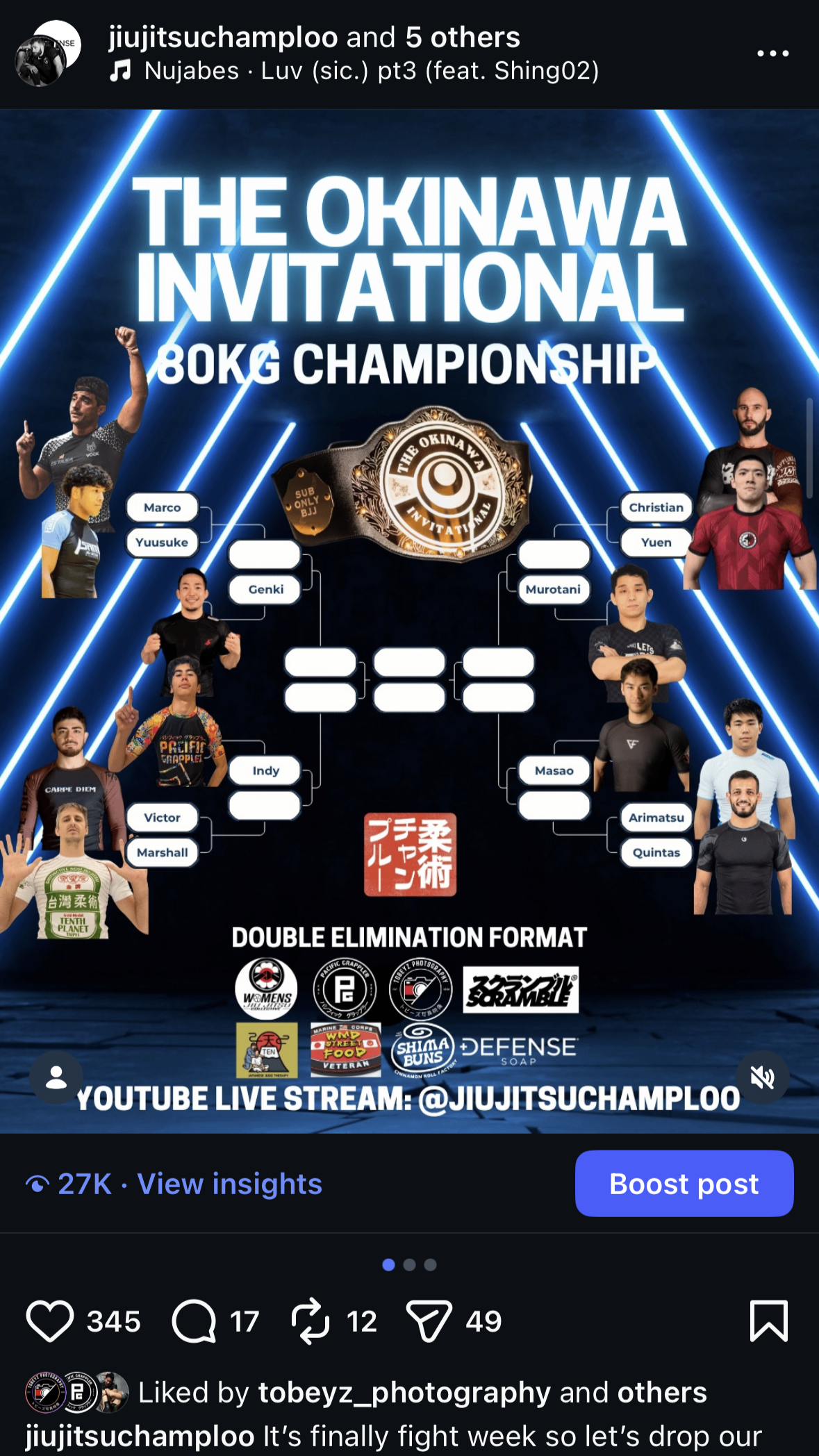 Tournament bracket for the Okinawa Invitational 80kg Championship featuring fighters such as Marco, Yuusuke, Genki, Indy, Victor, Marshall, Christian, Yuen, Murotani, Masao, Arimatsu, and Quintas. The event is a double elimination tournament with a visual background of blue light streaks and fighter pictures.