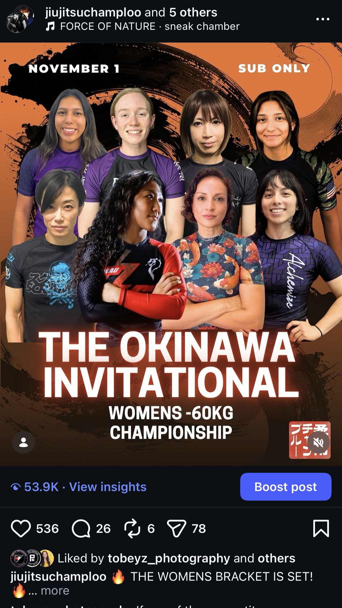 Promotional poster for the Okinawa Invitational Women's -60kg Championship featuring nine women athletes, some in sports uniforms and others in casual attire, with a black and orange abstract background, and event details at the top and bottom.