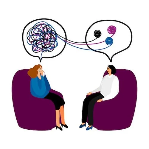 Two women in therapy sessions, with thought bubbles above their heads depicting tangled lines and color-coded circles representing complex thoughts or emotions.