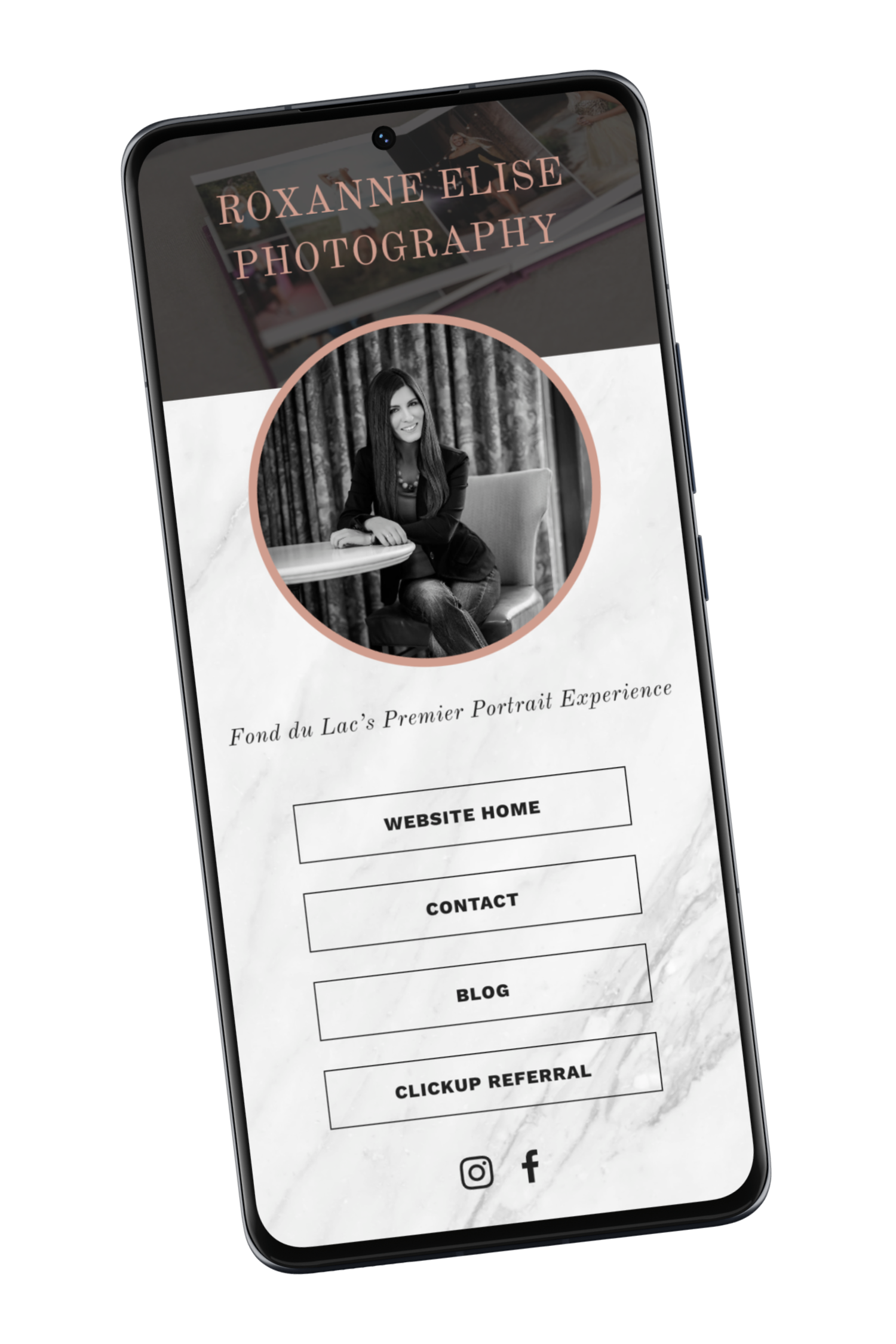 Mockup of mobile device displaying a custom links landing page for social media, for a photographer's website