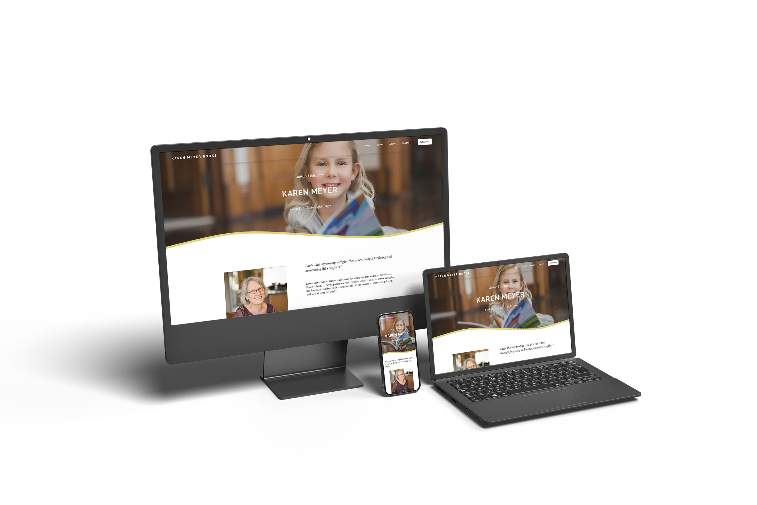 Mockup of a large desktop computer, laptop, and mobile phone showing the home page of the Karen Meyer Books website.