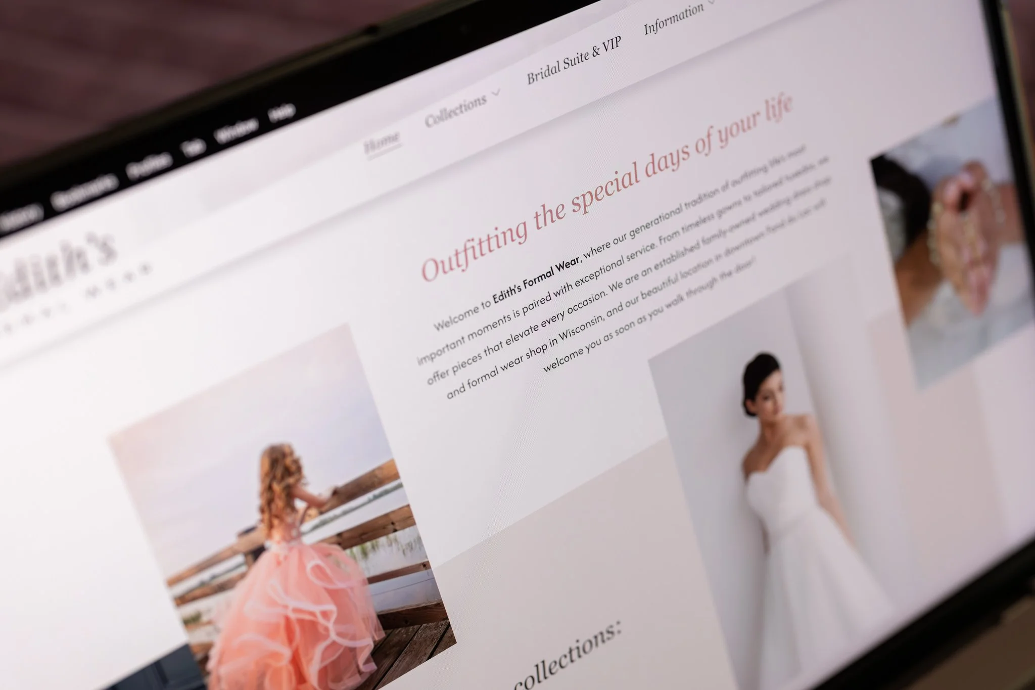 Laptop screen displaying the home page introduction area of Edith's Formal Wear website