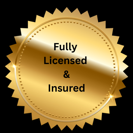 A gold-colored badge with a black border and text that reads 'Fully Licensed & Insured'.