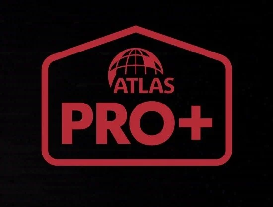 Red and black logo with a globe graphic, the words "ATLAS PRO+" and a stylized house outline.