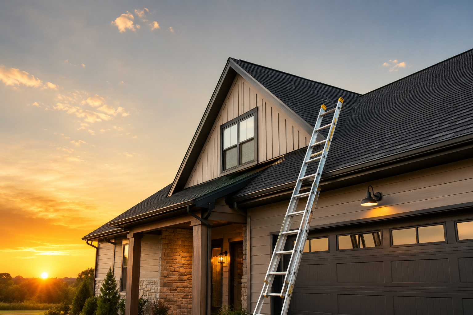 House with a ladder leaning against the roof during sunset, with outdoor lights on, and a partly cloudy sky.