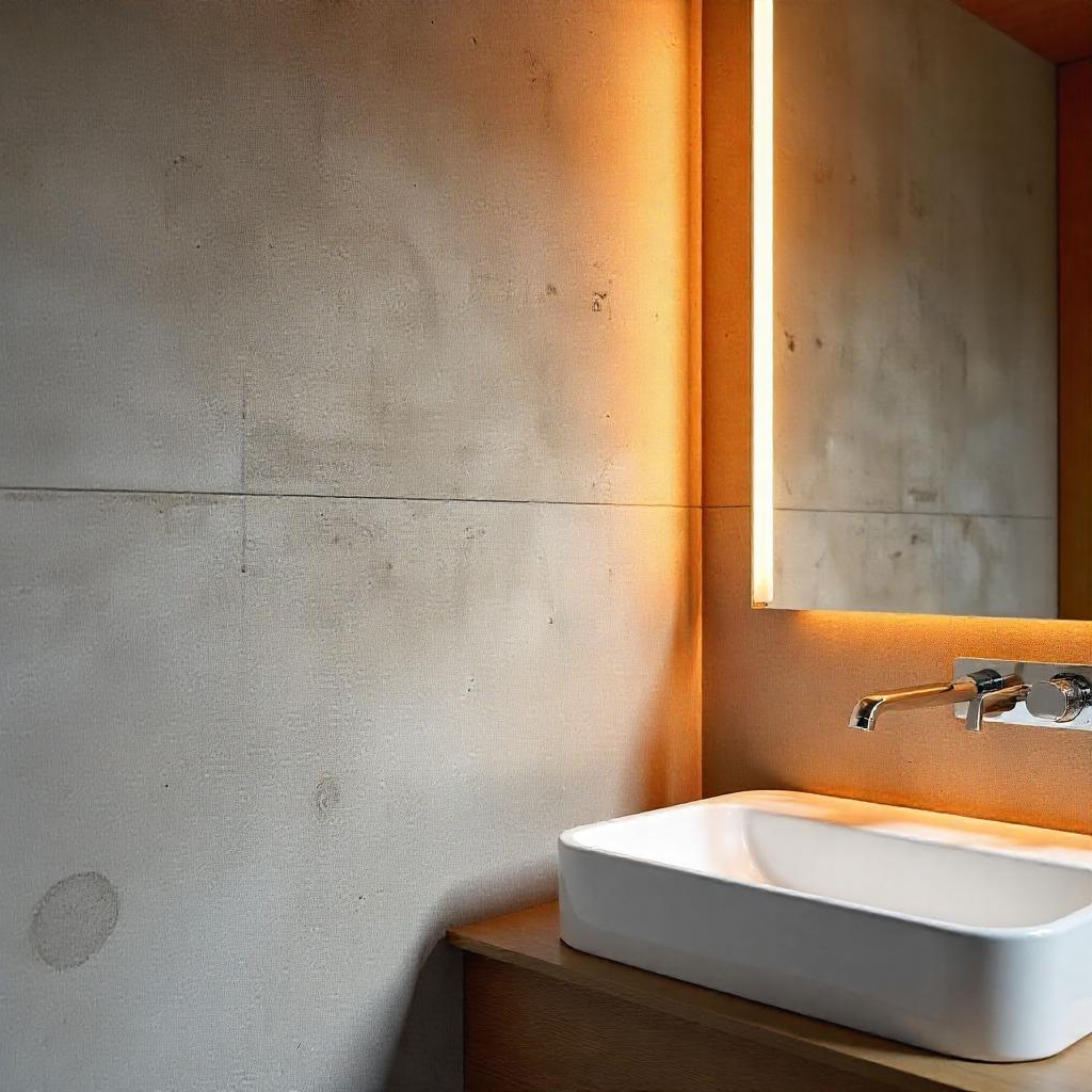 Bathroom with a modern rectangular white sink on a wooden countertop, a large mirror with backlit border, and a minimalist faucet.
