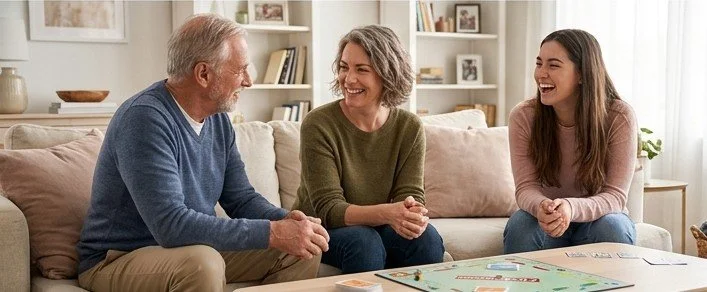 Middle-aged woman sitting on a couch, smiling with a middle-aged man and a young female. They are playing a game of monopoly.