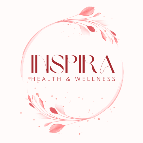 Inspirational logo for a health and wellness brand named 'Inspira,' featuring pink floral accents and a circular design.