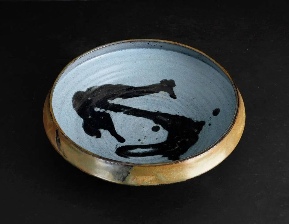 Don Curreri Studio Pottery Bowl — Hand-Thrown Stoneware with Blue Glaze and Abstract Brushwork, Vintage American Ceramic