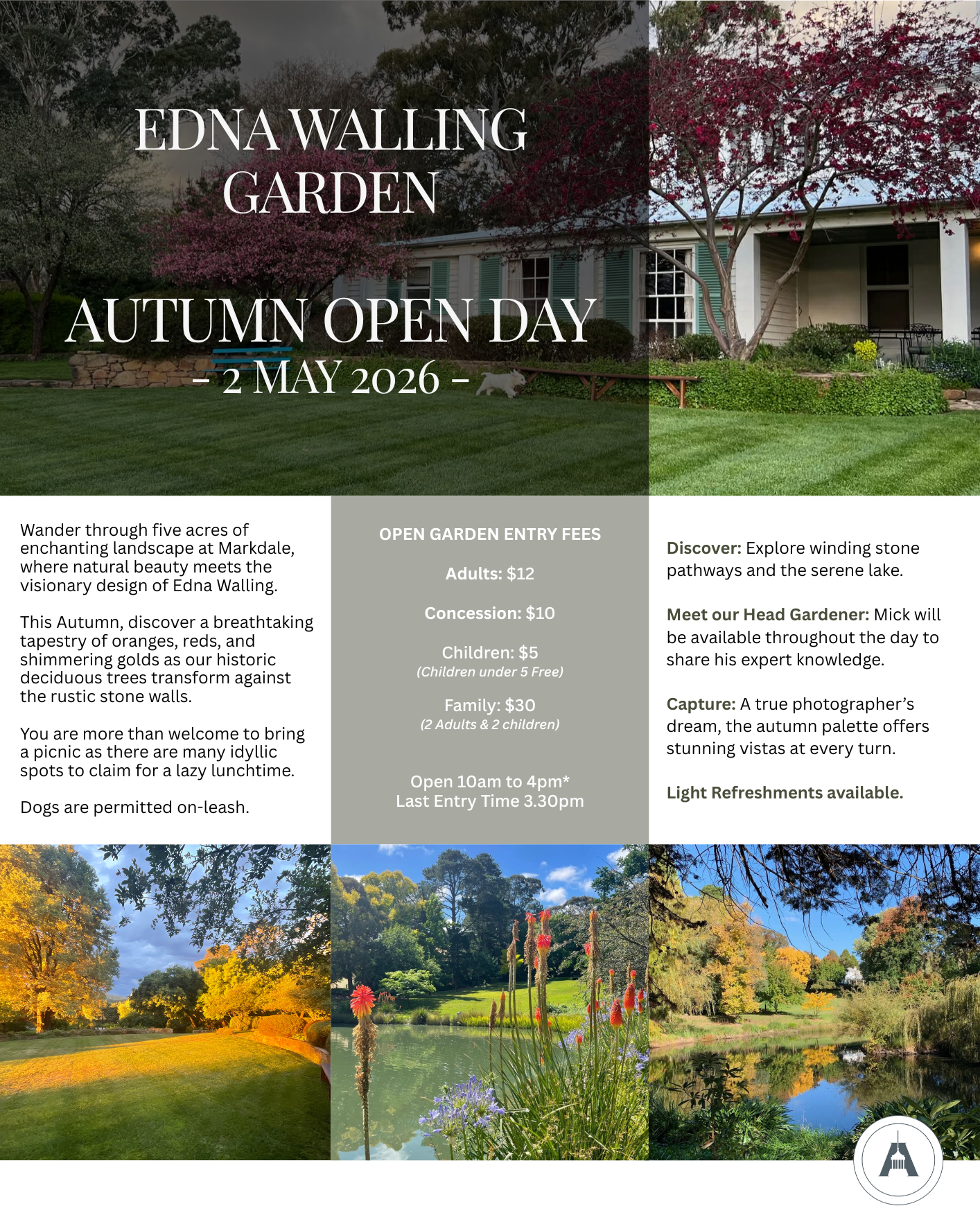 Flyer for Edna Walling Garden Autumn Open Day on May 2, 2026, featuring images of landscaped gardens, trees with fall foliage, a pond, and a historic house with trees and a lawn.
