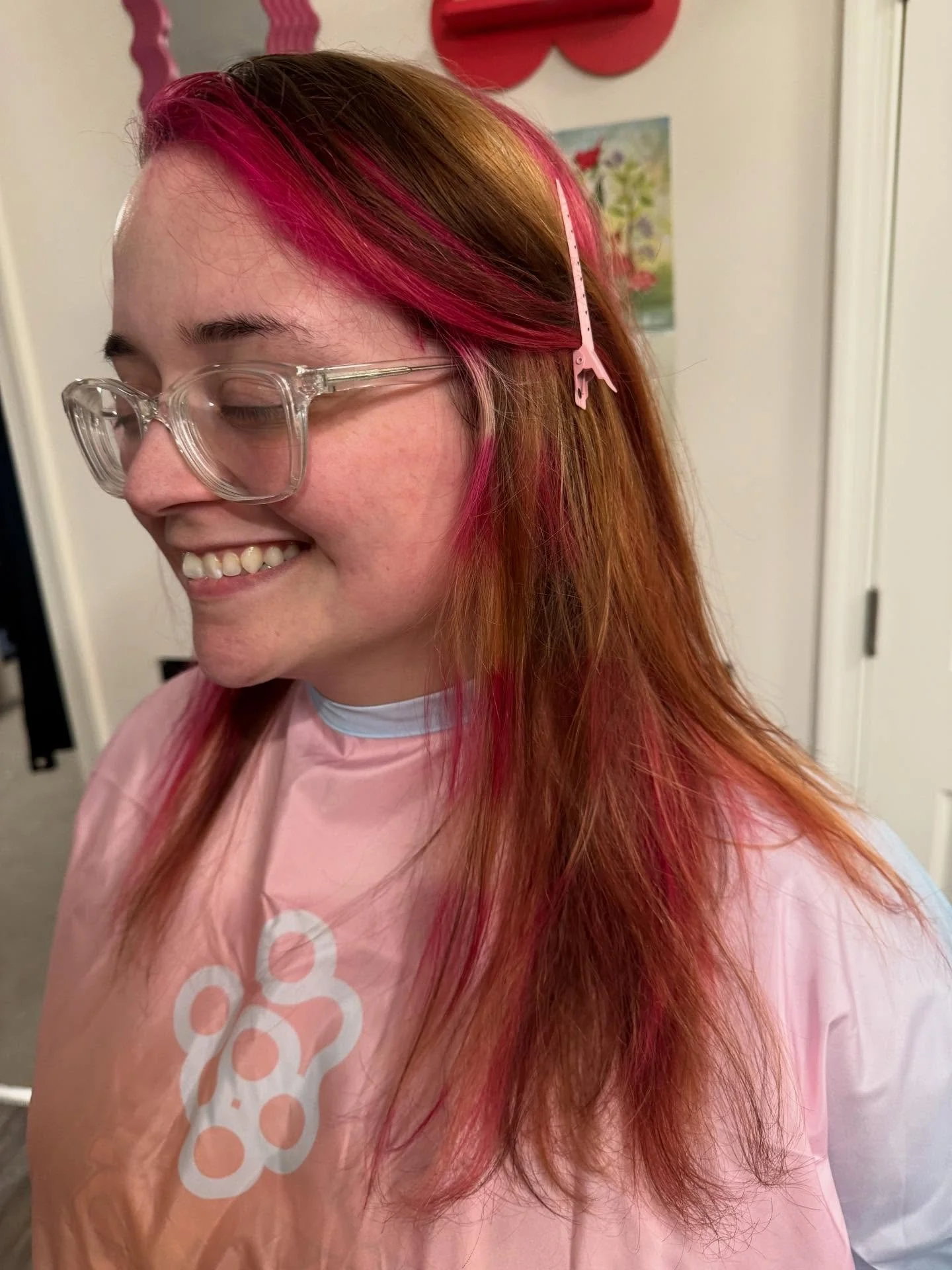 big smiles for fun hair :) did my first color on a client!! my sister let me play with her hair and we did a neapolitan transformation that was a little chunkier in the front for emphasis and blended through the back! this was also my first mini colo