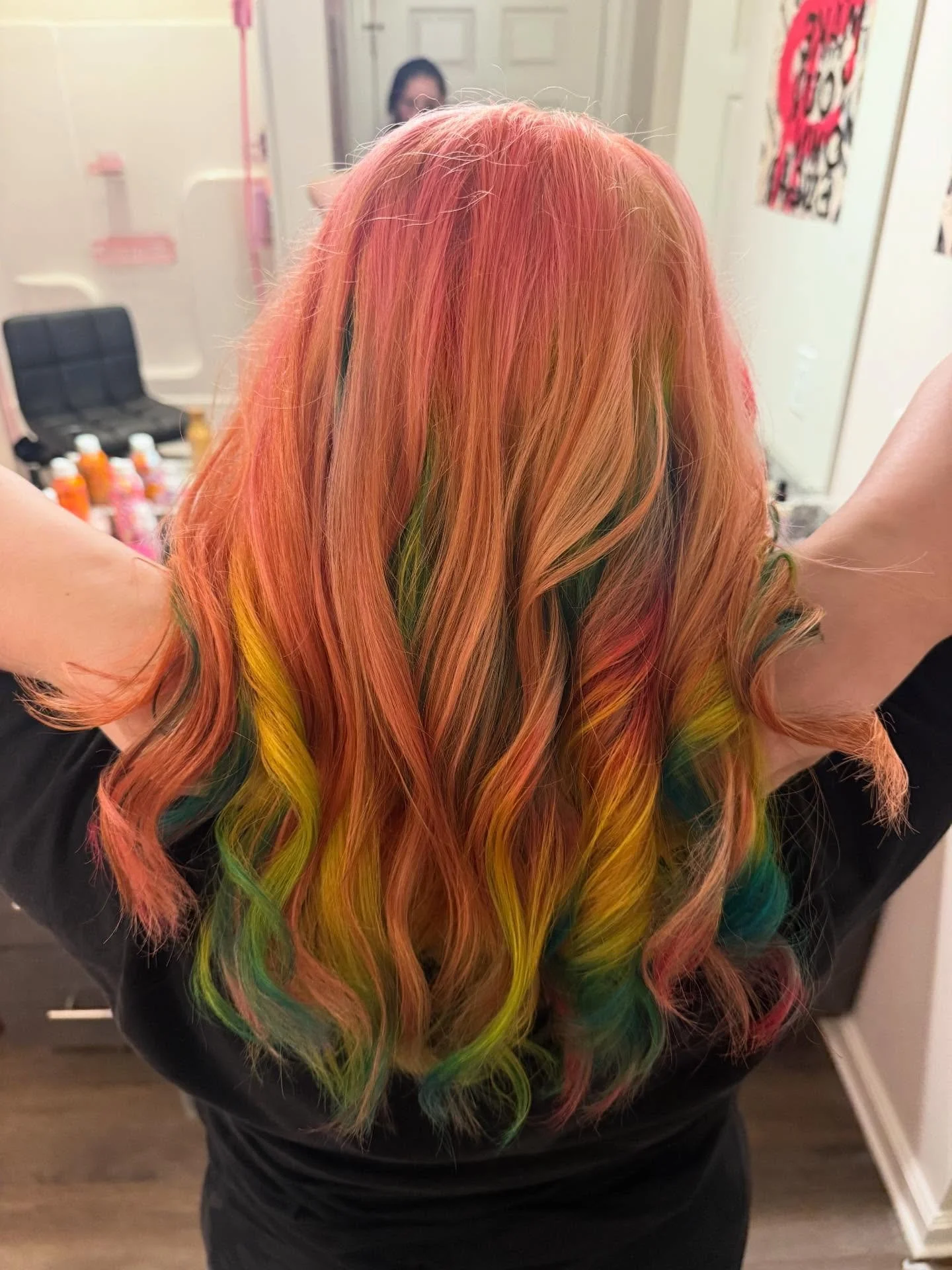 my sister @zaras.artwork let me play with her hair again!! i&rsquo;m honestly really proud of how this turned out, my first full bleach to root and first attempt at rainbows (prism specifically) on a human :) the pink didn&rsquo;t take as well as i h