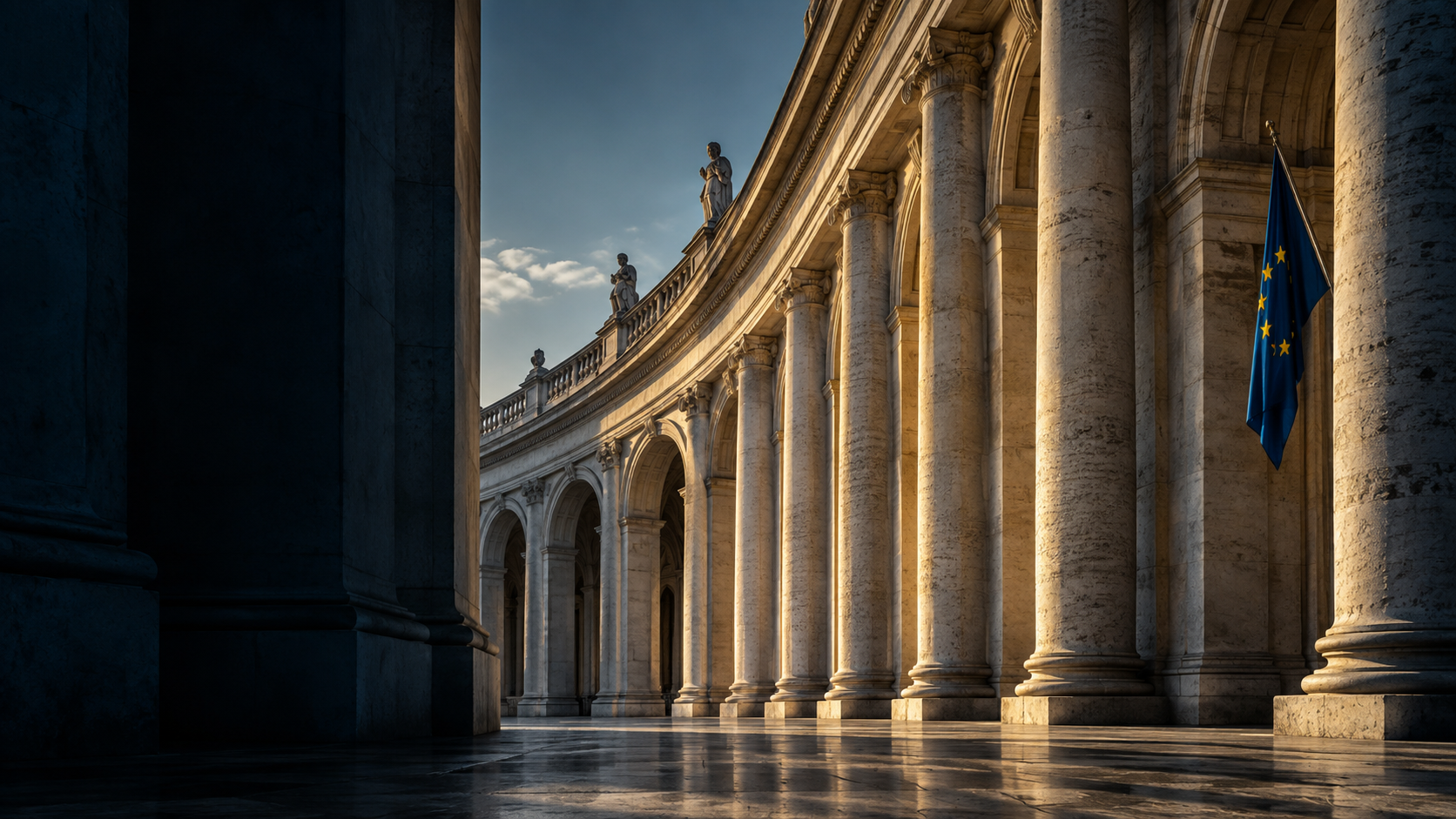 Architectural illustration of a European limestone colonnade and European flag
