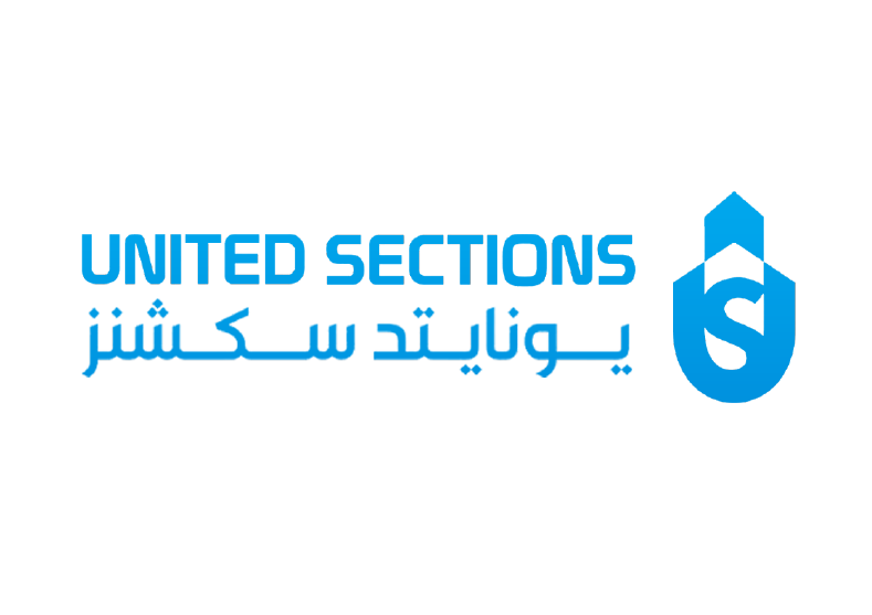 Logo of United Sections with text in English and Arabic, featuring a blue drop symbol with a dollar sign inside.