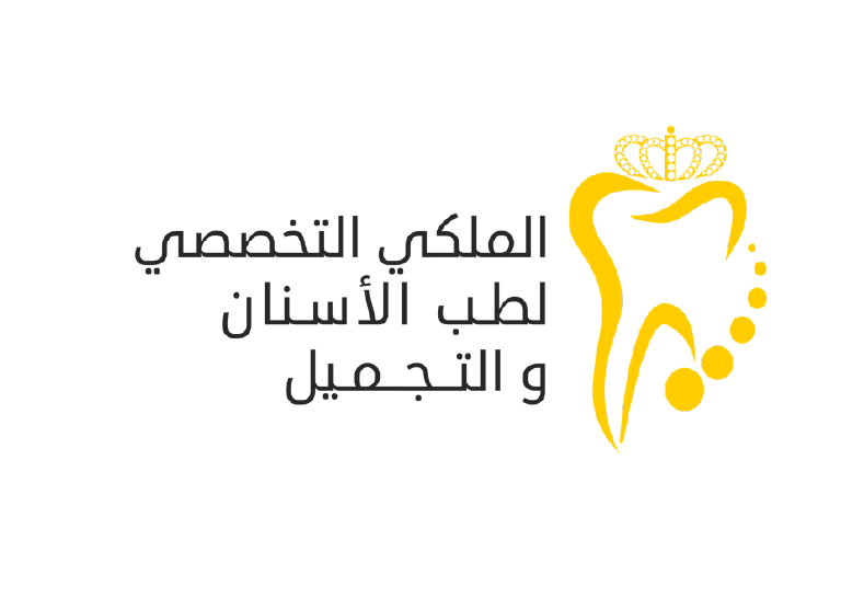 Logo with Arabic text and a stylized gold tooth with a crown on top, representing a dental specialist clinic.