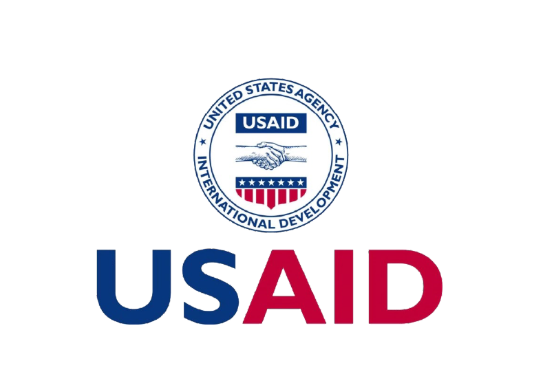 Logo of USAID, featuring two hands shaking inside a circular emblem with the United States Agency for International Development text, and the acronym USAID below in red and blue letters.