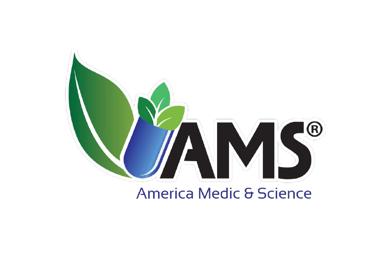 Logo for America Medic & Science featuring stylized green leaves and a blue capsule with the letters 'AMS' and the words 'America Medic & Science' underneath.