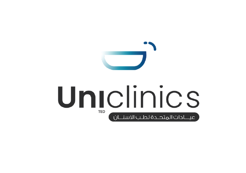 Uniclinics logo featuring a stylized blue and white bowl with a spoon, and text in English and Arabic.