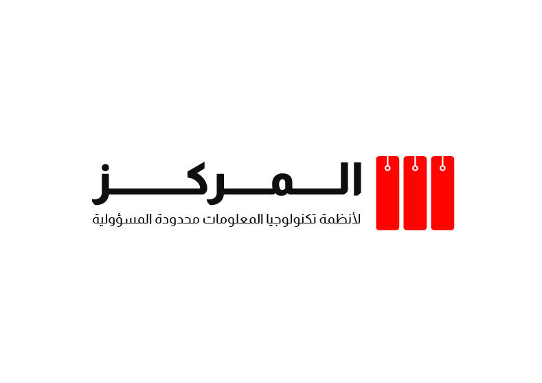 Logo with Arabic text and red barcode icons