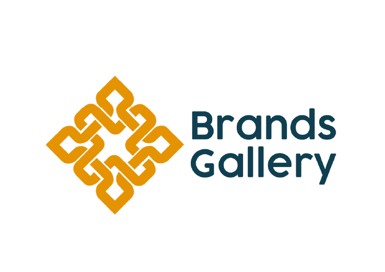 Logo of Brands Gallery with a decorative gold geometric design and the text 'Brands Gallery' in dark blue.