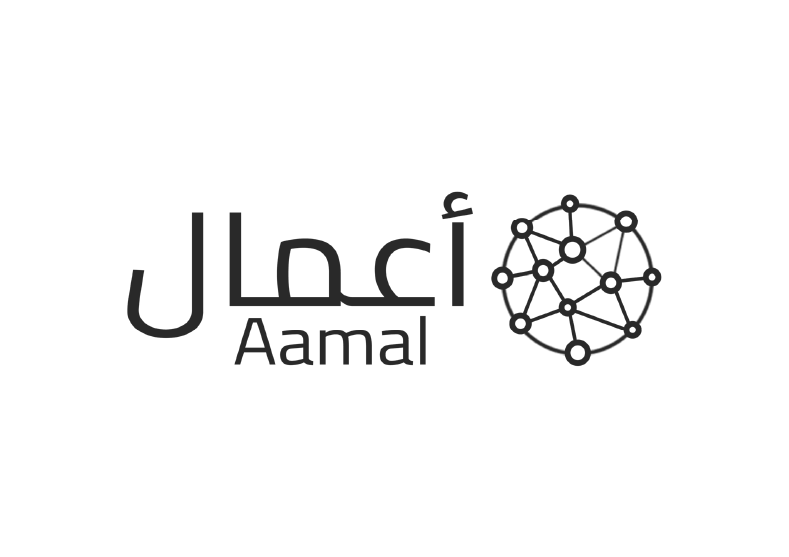 The image features the word 'Aamal' written in Arabic and English, accompanied by a network or interconnected nodes diagram symbolizing connectivity or technology.