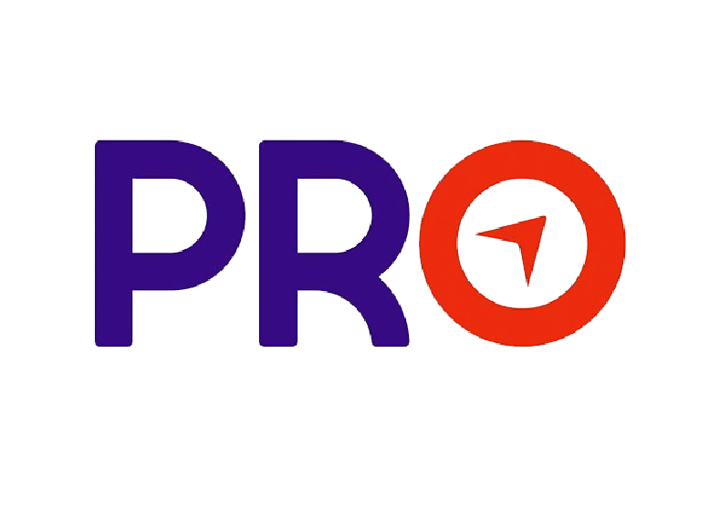 The word PRO in purple with the letter O stylized as a red circle with a white arrow pointing to the upper right.