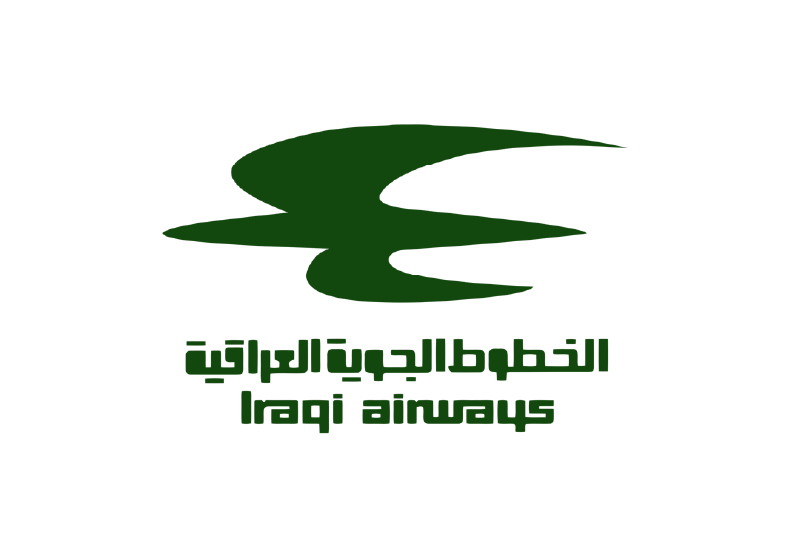 Green logo with stylized bird in flight and Arabic and English text that reads 'Iraqi Air Ways'