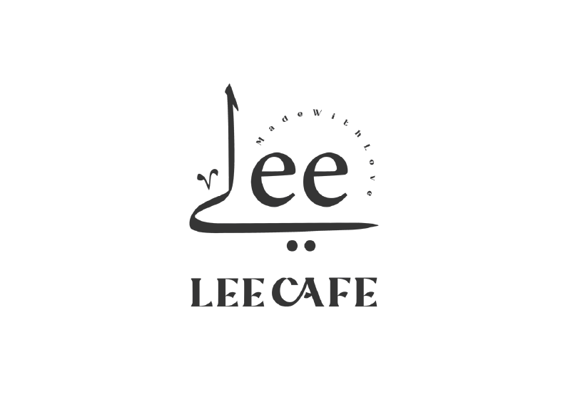 Black and white logo for Lee Cafe with stylized text and design elements.