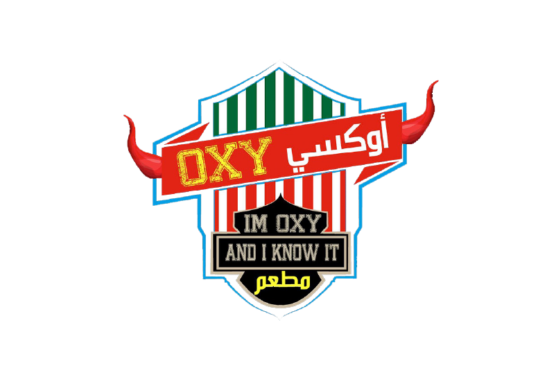 Colorful badge with red horns, green and white vertical stripes, and black text reading 'IM OXY AND I KNOW IT' and 'مطعم' (restaurant in Arabic).