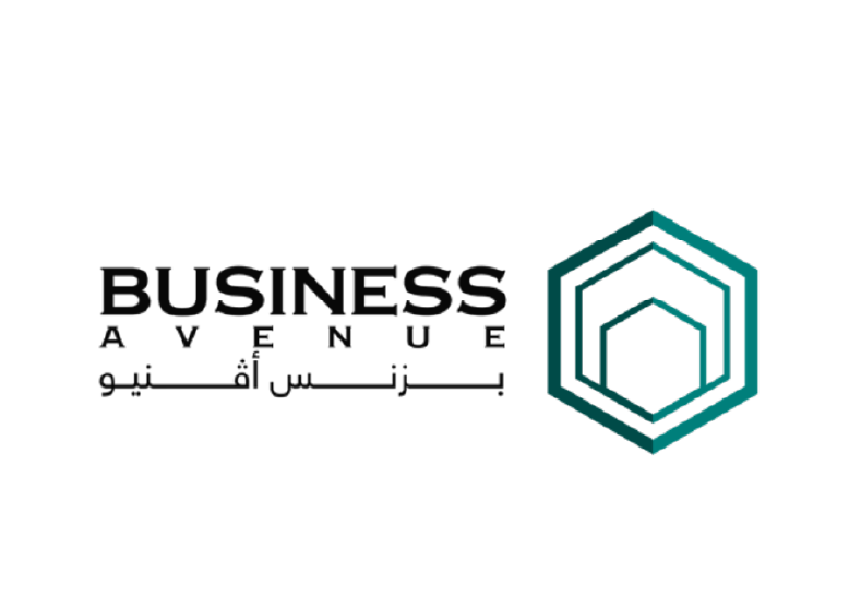 Business Avenue logo with a hexagon graphic and text in English and Arabic.