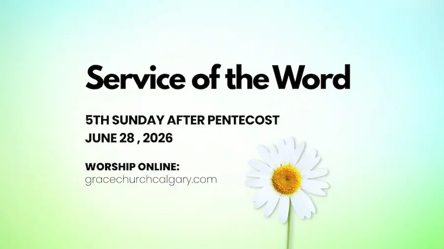 Graphic of Bulletin cover with text "Service of the Word" ,"5th Sunday after Pentecost" for Sunday, June 28 on graduated blue to green background with daisy.