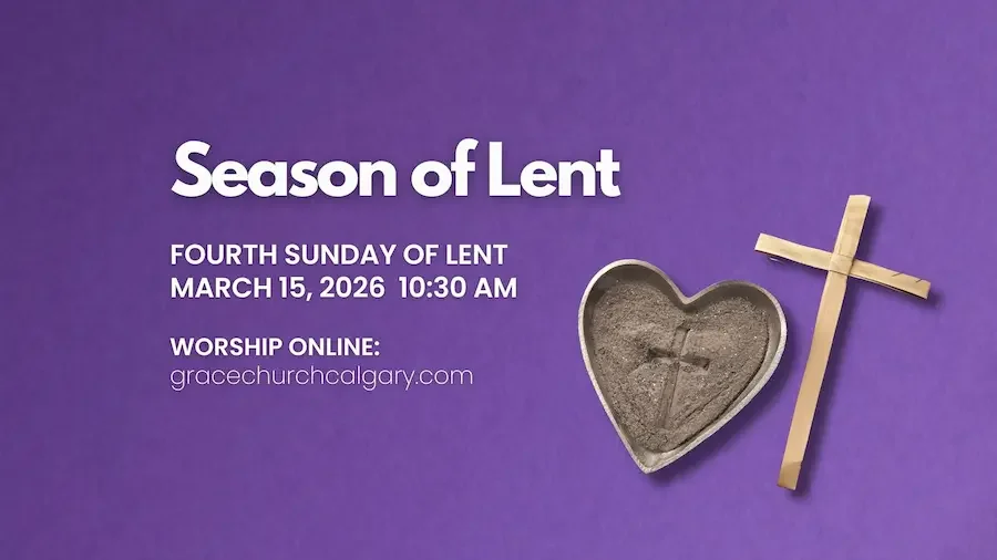 graphic of bulletin cover with text Season of Lent,  Fourth Sunday of Lent, March 15 on a purple background with a cross and ashes.