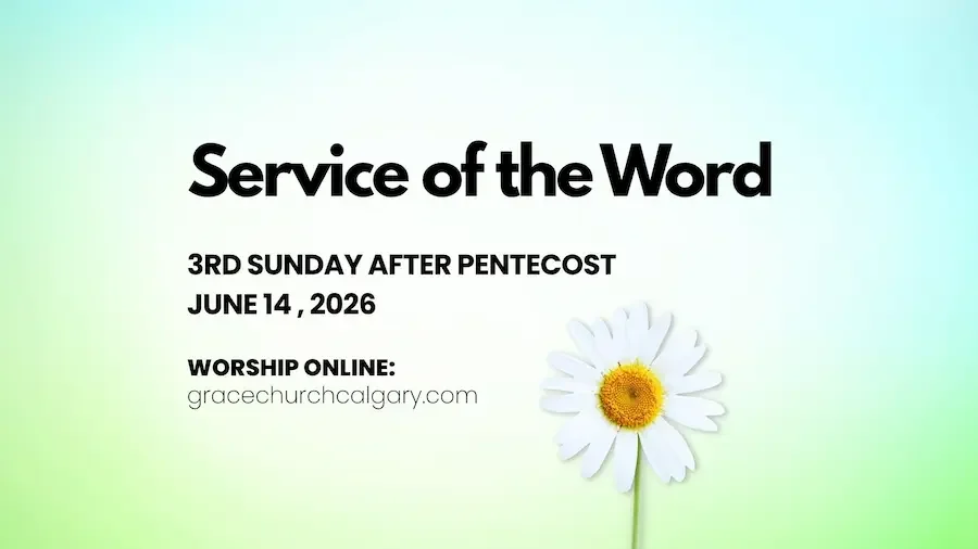 Graphic of Bulletin cover with text "Service of the Word" ,"2nd Sunday after Pentecost" for Sunday, June 7 on graduated blue to green background with daisy.