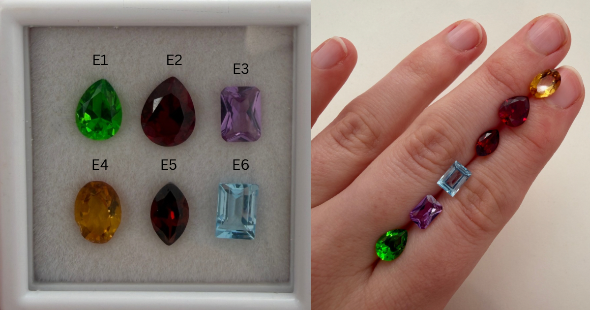Gemstone Varieties:
E1 - Green tsavorite garnet (lab grown) pear cut 8x6mm
E2 - Dark red ruby (lab grown) pear cut 7x9mm
E3 - Alexandrite (lab grown) emerald cut 7x5mm
E4 - Citrine (lab grown) oval cut 8x6mm
E5 - Dark red ruby (lab grown) marquee cut