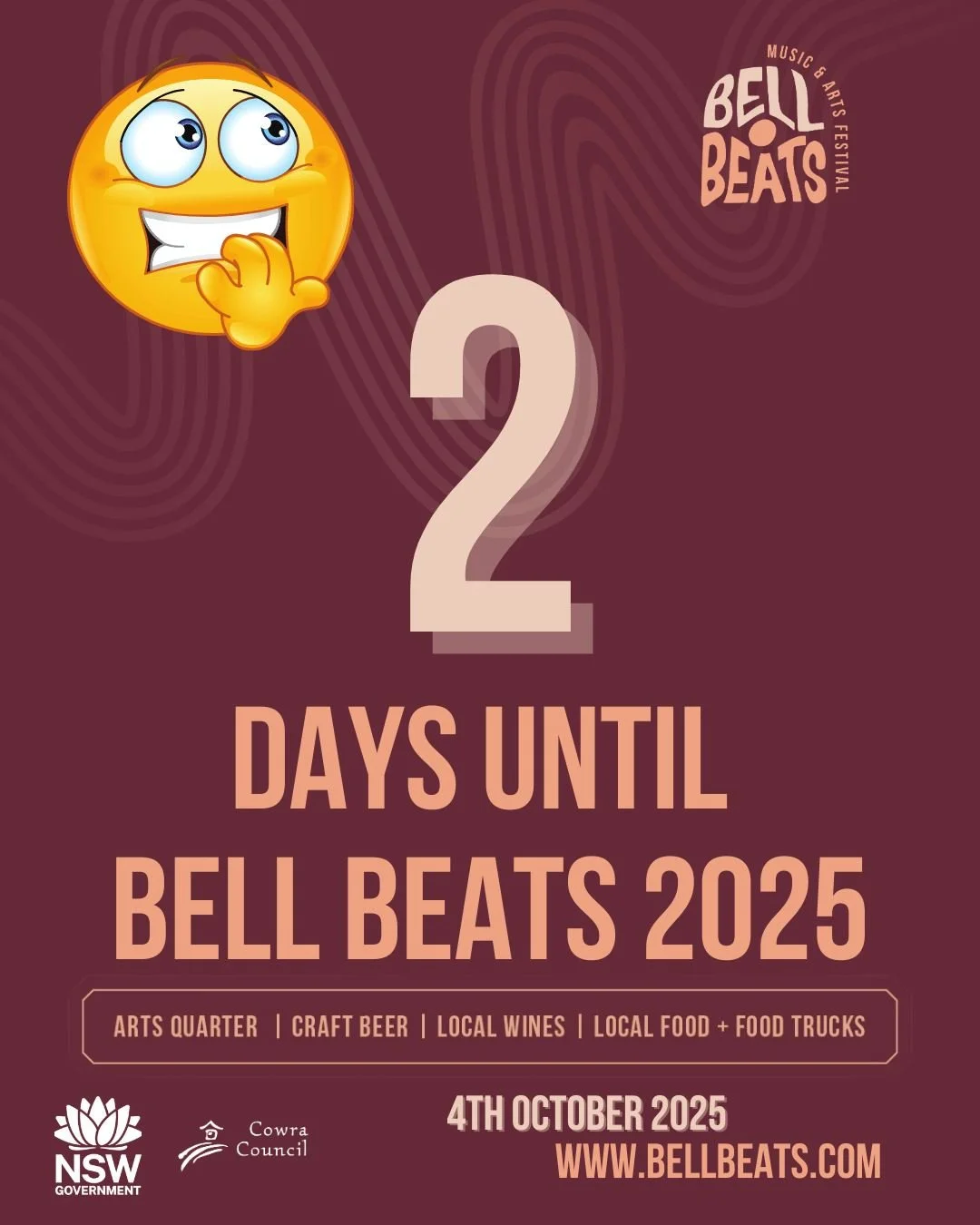 🎉 Only 2 days to go until Bell Beats! 🎉

Cowra&rsquo;s biggest new celebration of music, art &amp; community is almost here &mdash; and it&rsquo;s FREE! 🙌

Don&rsquo;t miss a full day of live music, creative workshops, immersive art, food, drinks,