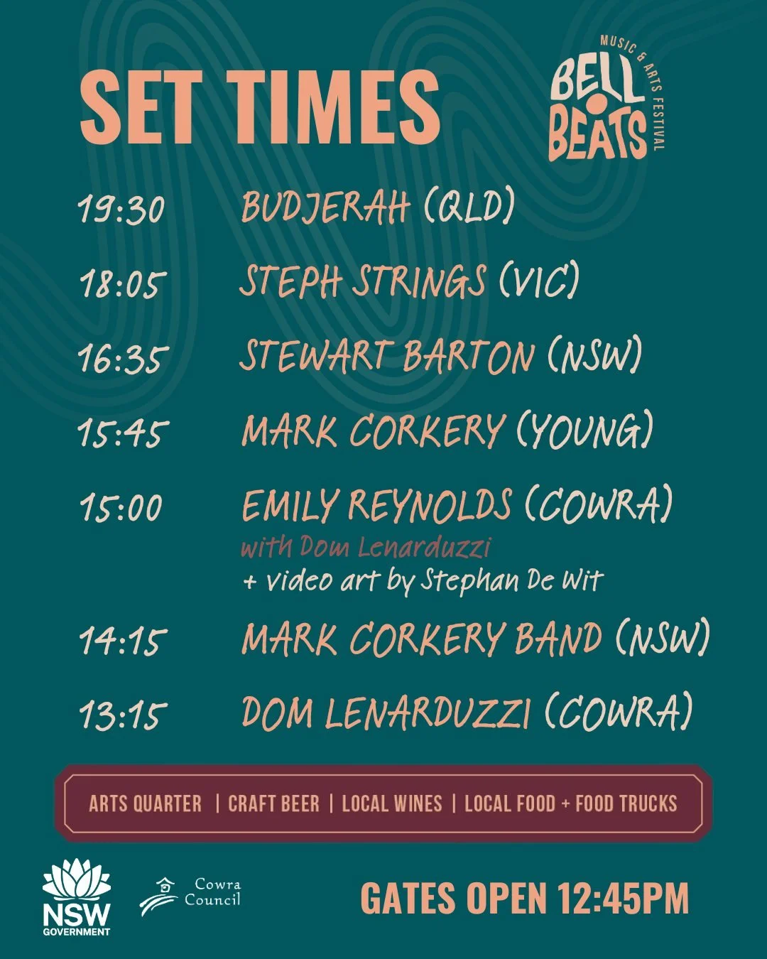 Here&rsquo;s your official lineup&mdash;keep it in your back pocket!

🔥 Dom Lenarduzzi starts us off at 1:15 PM!

See you all there! 🎶

#SetTimes #LiveMusic #FestivalVibes