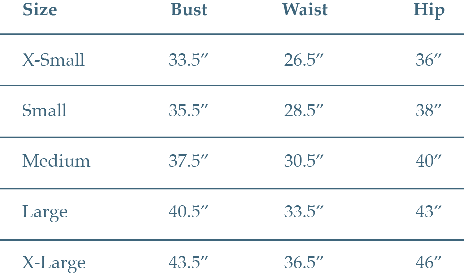 A size chart for clothing showing measurements for sizes X-Small, Small, Medium, Large, and X-Large in inches for bust, waist, and hip.
